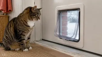 Kat ved en tæt kattelem med flere klaplag på en kold dag