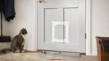 Opmåling og skabelon til kattelem på en trædør med en kat ved siden af